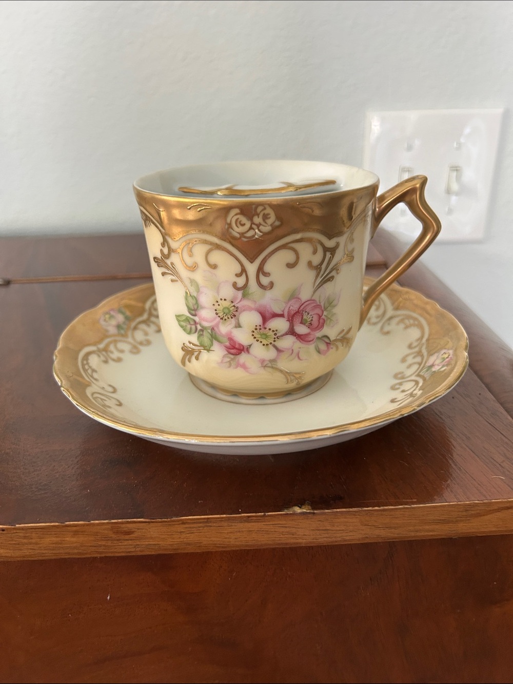 Gold Trim Floral Porcelain Mustache Teacup and Saucer